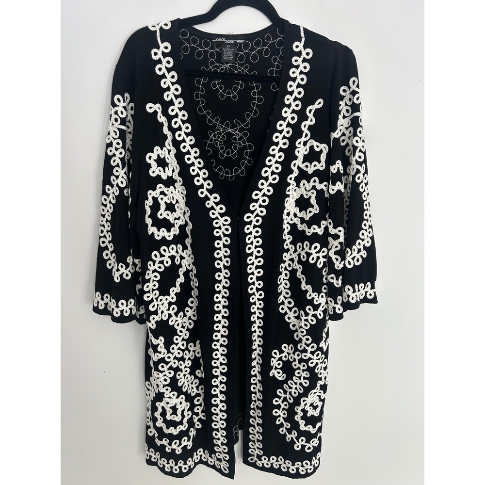 Once Again Womens 2X Black White Soutache Embroidered Open Front Cardigan Jacket